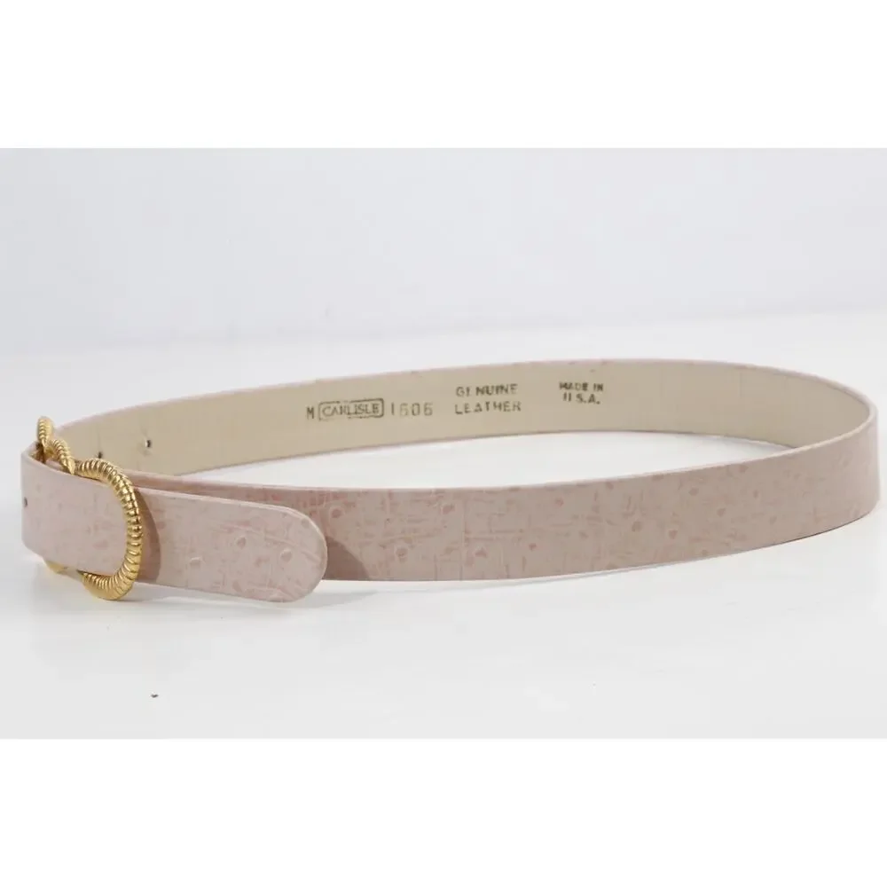 VTG Carlisle Blush Pink Ostrich Leather Belt Gold Ribbed Triple Ring Buckle M